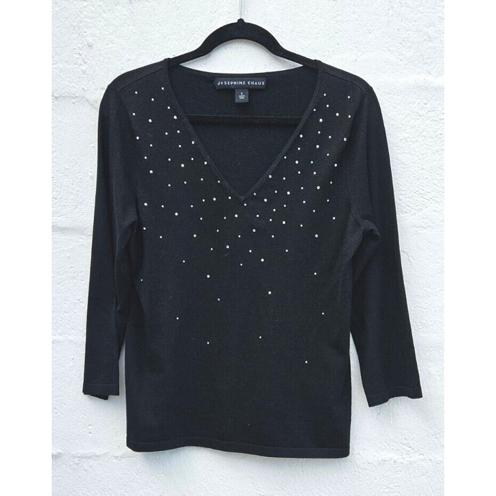 Vintage 90s Top Womens Small Black Silk Nylon Stretch Rhinestone Knit Whimsigoth